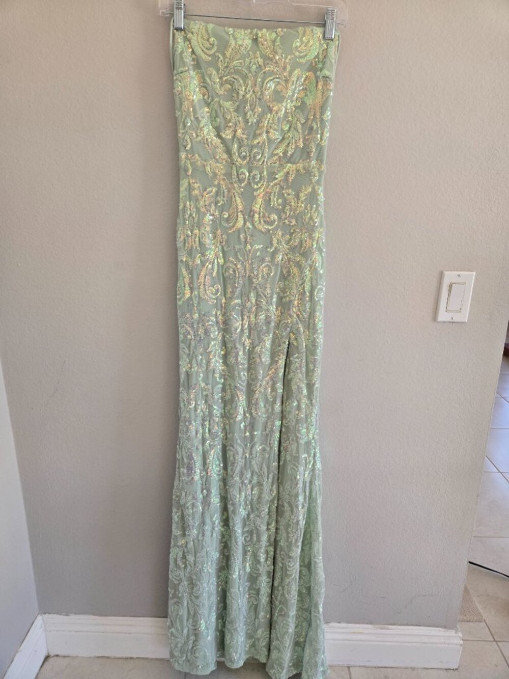 Windsor Mint Green Sequin Lace Prom Gown with Slit Size Large